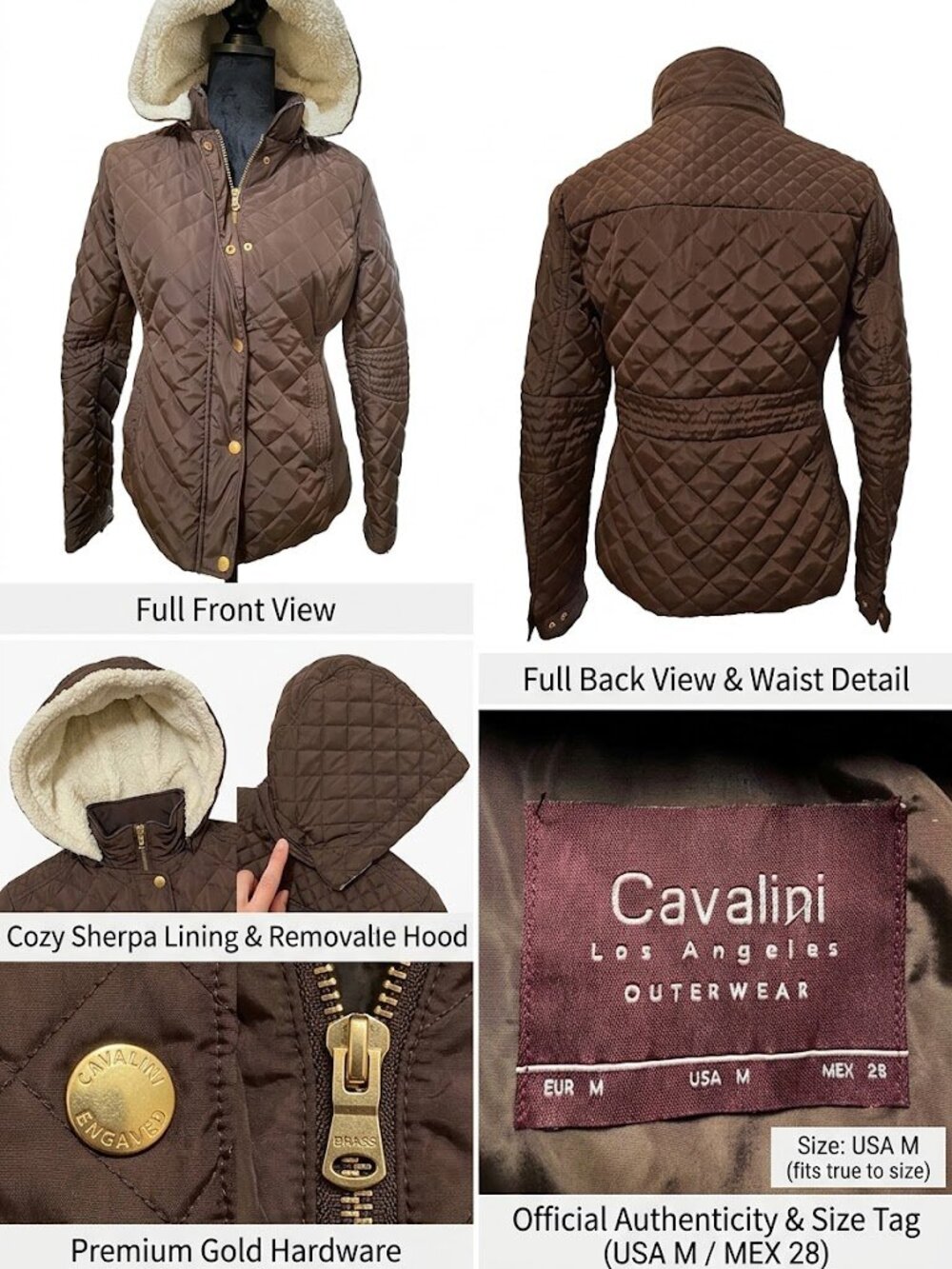 Cavalini LA Brown Quilted Hooded Jacket Sherpa Lining Gold Hardware - Size M
